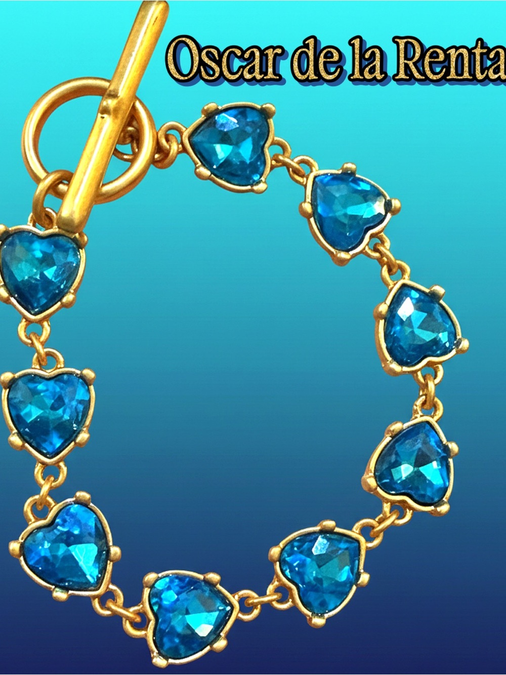 Oscar de la Renta Gold-Tone Blue Crystal Hearts✨Toggle Bracelet